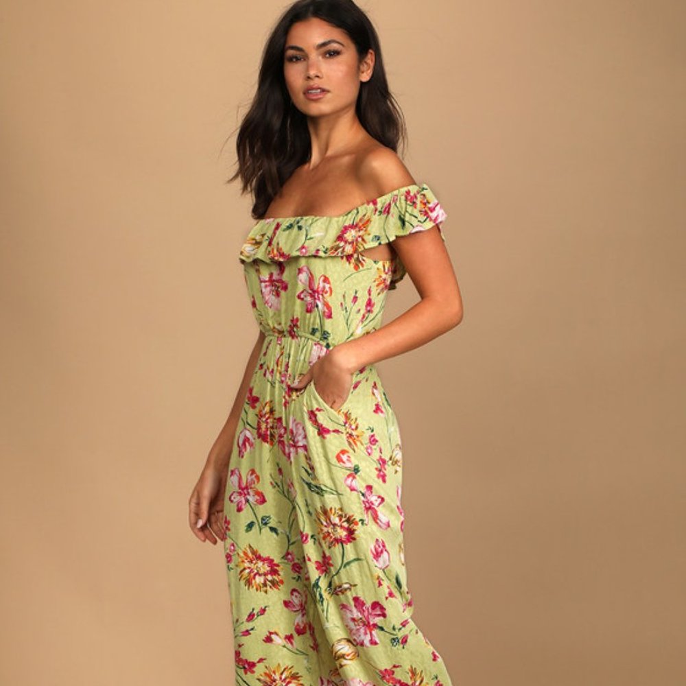 Lulus Chartreuse Floral Print Jumpsuit - Size Large